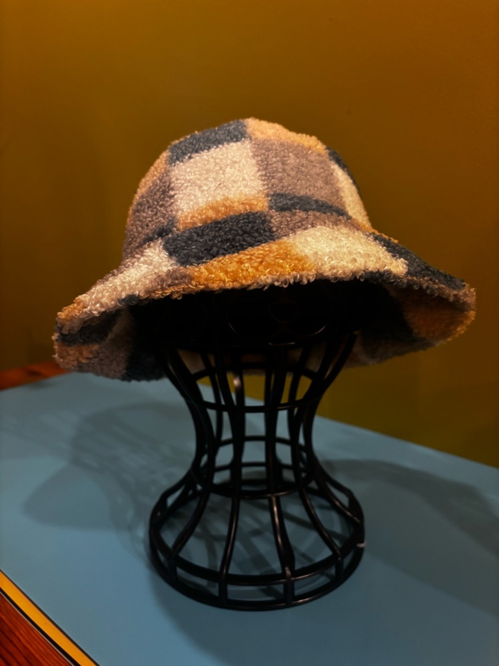 Teddy Bucket Hat in Mustard, Navy & Cream Plaid0538